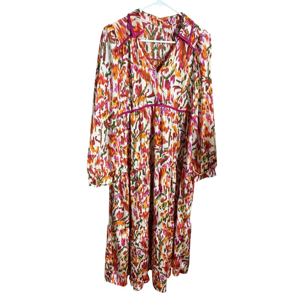 Boho Floral Tiered Midi Dress Pink Orange V Neck Contrast Trim Boutique Size L